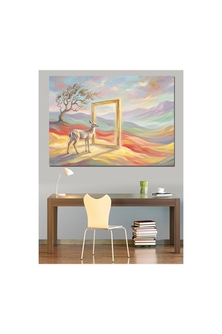 Çölde Kapıdan Geçen Beyaz Geyik Yağlı Boya Dokulu Kanvas Tablo Canvas Tablosu
