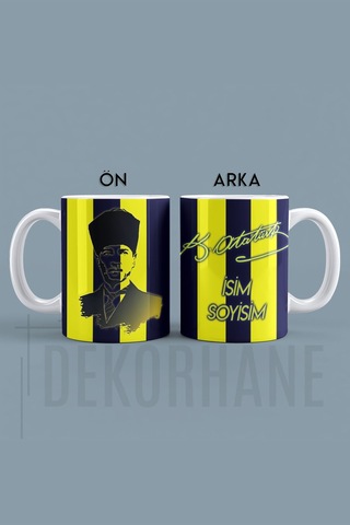 Kişiye Özel Atatürk İmzalı Sarı Lacivert Kupa Bardak, Hediyelik Çok Renkli