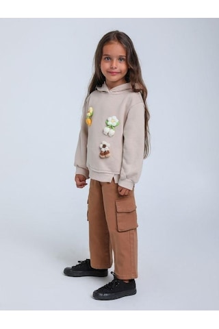 Kız Çocuk Çiçek Örgü Detaylı Kapüşonlu Sweatshirt-14306 Bej