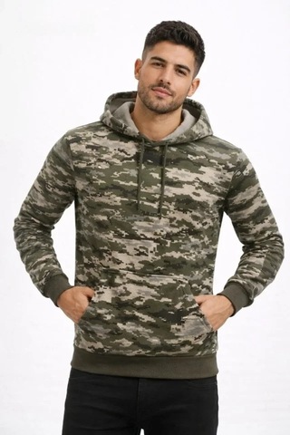 Vexor Erkek Kamuflaj Desenli 2 İplik 4 Mevsim Kapüşonlu Kanguru Cepli Hoodie Sweatshirt - Kamuflaj Çok Renkli