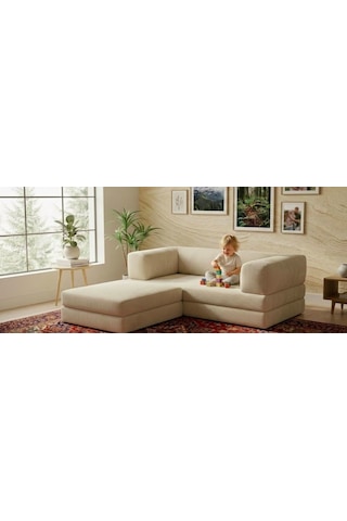 Herev 200x200 Cm 50 Dns Modüler Köşe Koltuk Fitilli Kadife Kumaş, Yatak Olabilen, Modern Tasarım Şark Köşe Krem