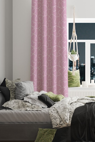 Pembe Kalpler Desenli Süet Oturma Odası Salon Fon Perde Baskılı Ekstrafor Büzgü Tek Kanat Prd-1045 Çok Renkli