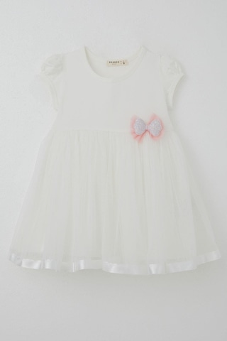 Breeze Kız Çocuk Elbise Tüllü Simli Fiyonk Aksesuarlı 2-6 Yaş, Ekru Ekru