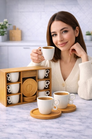 6 Kişilik Porselen Türk Kahvesi Fincan Takımı.bambu Tabaklı Premium Kahve Seti,sınırlı Stok Beyaz