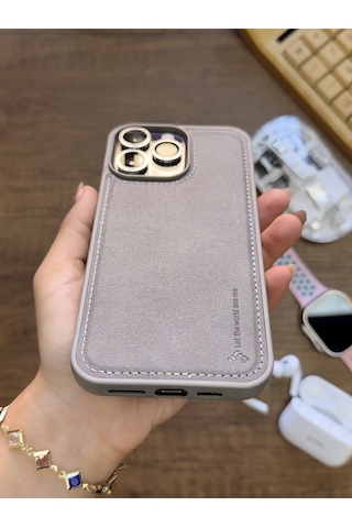 Apple iPhone 15 Pro Max Uyumlu Premium Deri Dokulu Darbelere Karşı Dayanıklı Nazal Silikon Kılıf Gri