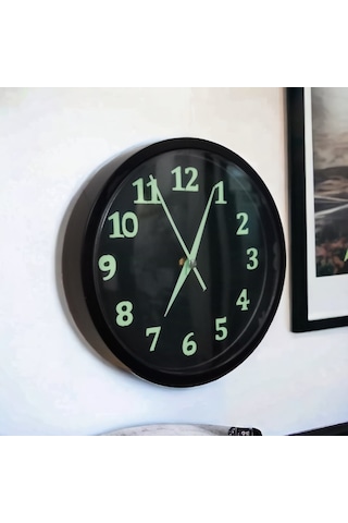 Fosforlu Gece Parlayan Siyah Salon Mutfak Ofis Duvar Saati 22 Cm Siyah