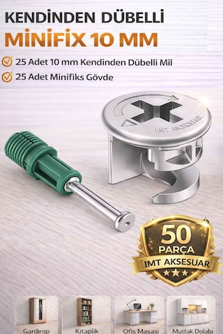 İmt Aksesuar 10 Mm Kendinden Dübelli Minifix Gövde Ve Mil Seti - Mobilya Bağlantı Elemanı 50 Parça Metalik