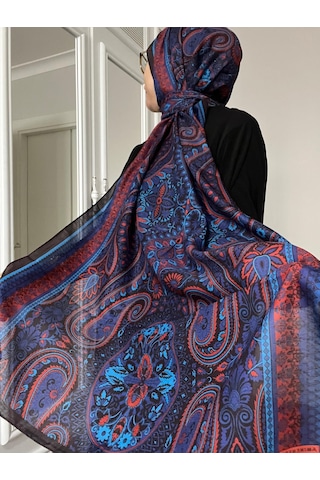 Modakaşmir Aminenesil Etnik Desen Soft Pamuk Şal Saks Mavisi Kırmızı Renk Açık Saks Mavi