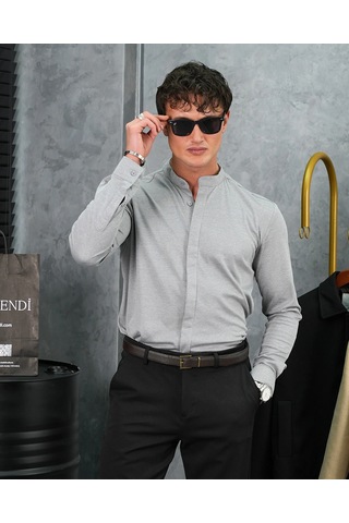 Modefendi %100 Pamuklu Slimfit Gizli Kanun Yaka Gömlek Gri