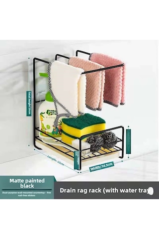 Springsun Mutfak Mop & Havlu Kurutma Rafı - Duvar Montajlı/tezgah Üstü Çift Amaçlı, Su Topu Hediye, Sıvıaklı Malzeme Saklama Aleti Siyah Diğer