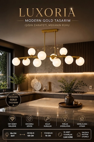 Modern 10lu Eskitme Uzun Sarkıt Avizesi Salon Mutfak Odası Yemek Masası Üstü Şık Modelleri 120x70 Cm Gold