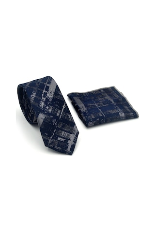 Gaffy Füme Desenli Lacivert Dokuma Kumaş Mendilli Slim Fit Kravat // Sdk-2601-2 Lacivert