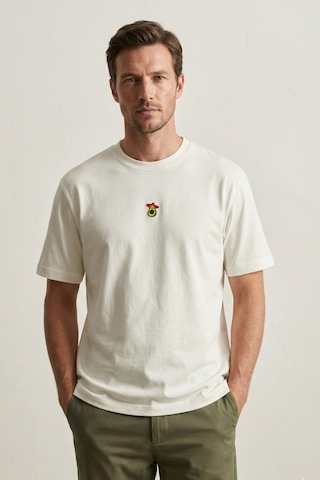 Elemge Pamuk Compact Penye Süprem Ekru Avakado Nakışlı Trend Fit Erkek Tok Kumaş T-shirt Rahat Kesim 2XL