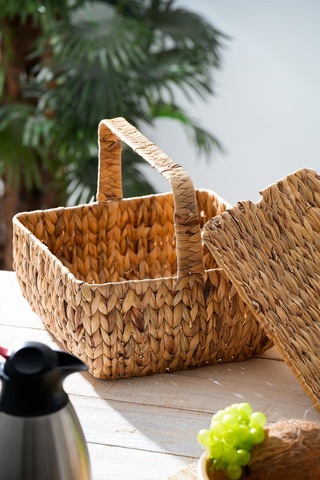 Wicker Kapaklı Hasır Piknik Sepeti - 32 Cm Kahverengi