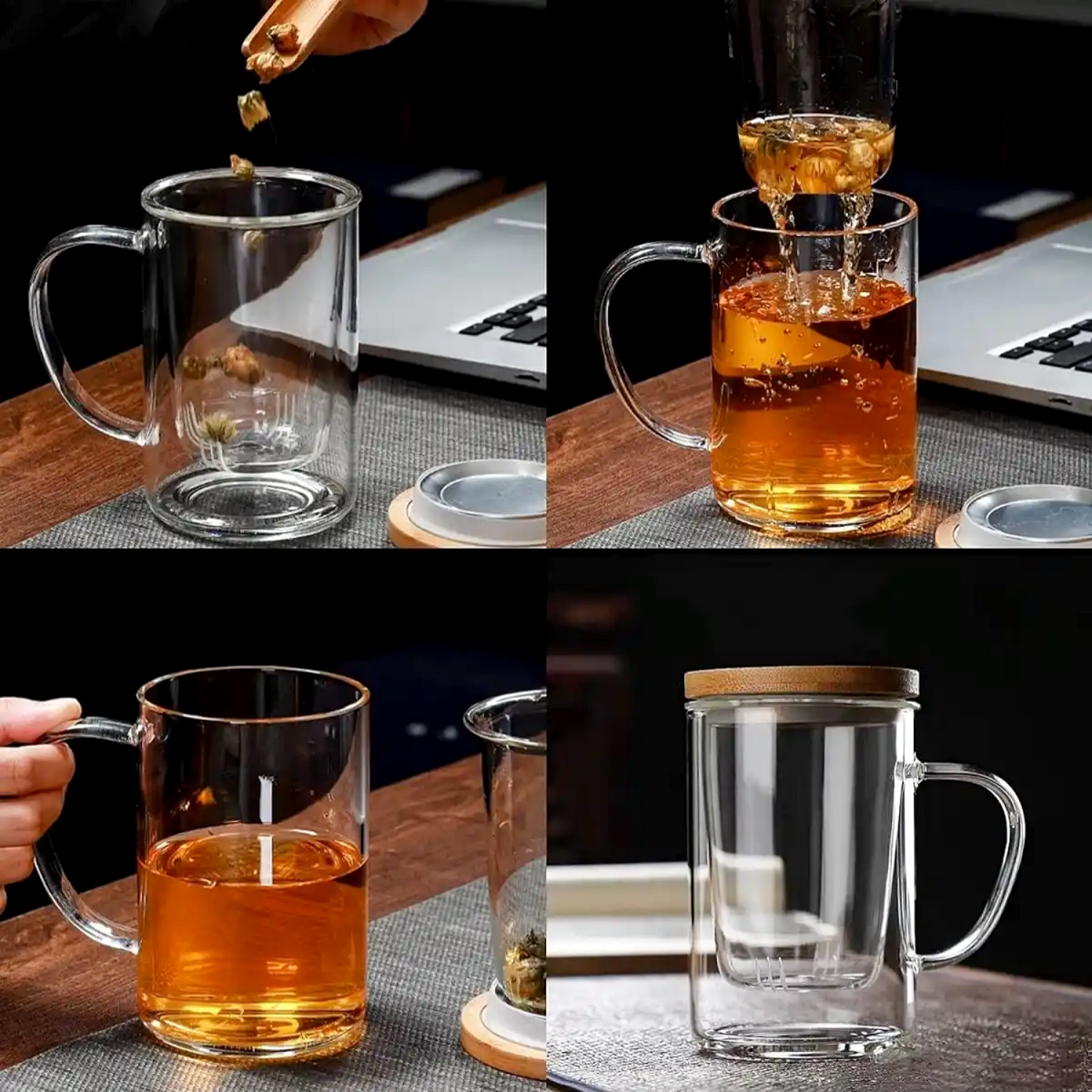 2 Li Cam Süzgeçli Bambu Kapaklı Borosilikat Kupa 400 Ml Kulplu Bitki Çayı Demleme Ve Sunum Bardağı Şeffaf