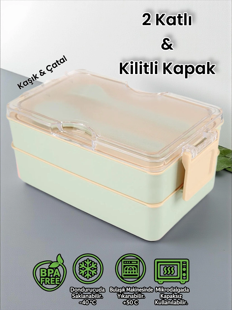 Dikdörtgen İki Katlı Lunch Box Açık Yeşil Renk Beslenme Kutusu Saklama Kutusu Açık Yeşil