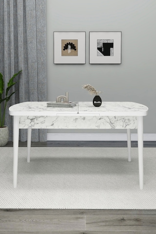 Renlife Açılır Yemek Masası Ve Sandalye Seti Metal Ayaklı 4 Sandalye + 80x130 Masa Beyaz Mermer Krem Beyaz Mermer Gri