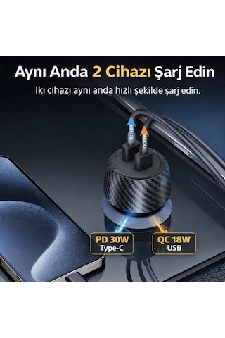 Polham 48w Süper Hızlı Type C Ve Usb Girişli Araç İçi Şarj Cihazı, Pd 30w + Qc 18w Çift Port 12v/24v 1 Adet