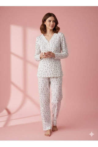 Leopar Ve Çiçek Desenli Pamuklu Penye Kumaş Pijama Takımı Ekru