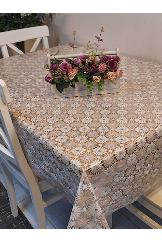 İthal Pvc Muşamba - Desenli Silinebilir Masa Örtüsü 11lace015 Bej