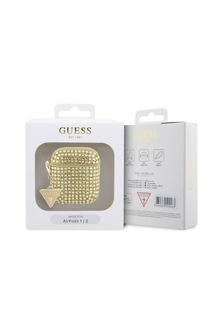 Apple Uyumlu AirPods Kılıf Guess Lisanslı Parıltılı Taş Kaplamalı Üçgen Logo Süs Zincirli Gold