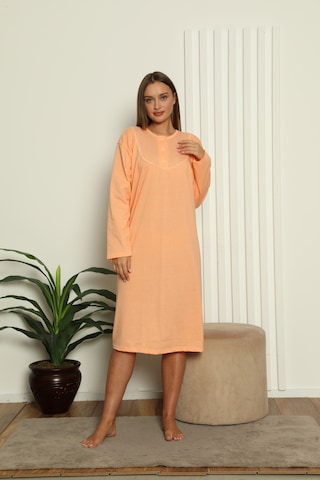 Yasar Underwear Kadın Uzun Kollu Dantel Detaylı Rahat Kesim %100 Pamuk Gecelik Şeftali Şeftali