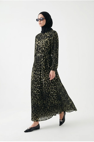 Armine Trend Leopar Desenli Şifon Elbise Siyah 24kt907