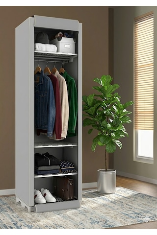 Missidea Slim Fit Portatif Metal Profilli Askılı Raflı Bez Dolap Gri
