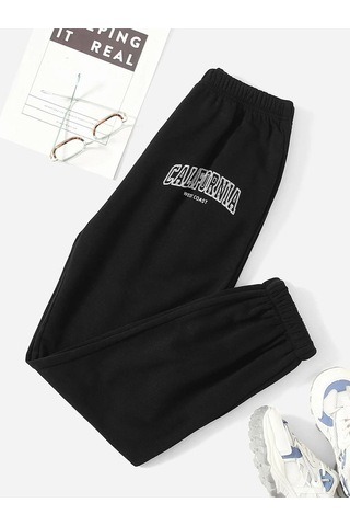 California West Coast Eşofman Altı Jogger - Siyah Baskılı Lastik Paça Yüksel Bel Siyah-20301
