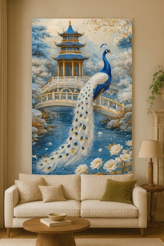 Mavi Beyaz Feng Shui Tavus Kuşu Cam Tablo Bereket Enerjili Duvar Dekoru