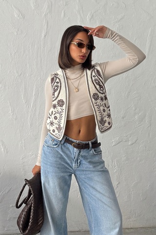 Verymoda Fitili Kadife Nakışlı Yelek Vmf2010 Krem