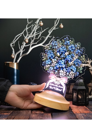 Mavi Unutma Beni Çiçek Buketi Led Lamba, İsme Özel Solmayan Çiçek Sevgililer Günü Ve Yıldönümü Hediyesi Unutma Beni Buketi