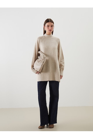 Lcw Modest Ekru Dik Yaka Oversize Kadın Triko Tunik