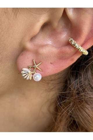 Bymerve Bym531 Çift Midye Model Mini İncili ve Taşlı Kadın Çelik Küpe Gold