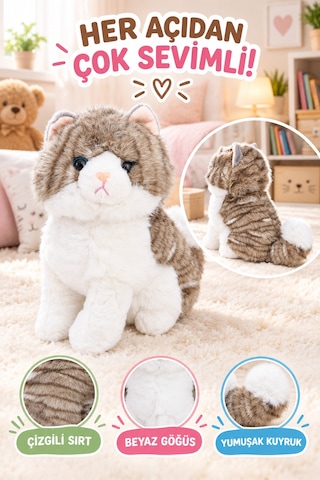 23 Cm Gri Peluş Kedi Oyuncak Yumuşak Sevimli Kedi Figürlü Çocuk Oyuncağı Doğum Günü Hediyesi Seti Çok Renkli