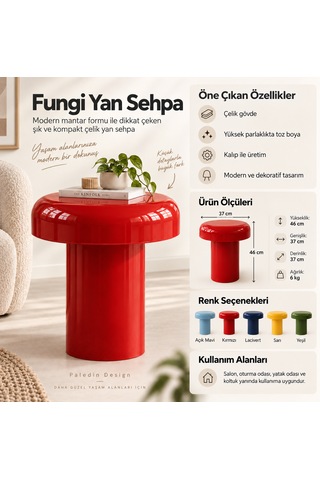 Paledin Design Mantar Çelik Yan Sehpa Yuvarlak Koltuk Yanı Sehpası 37x37x46 Cm Açık Mavi Modern Tasarım Sarı