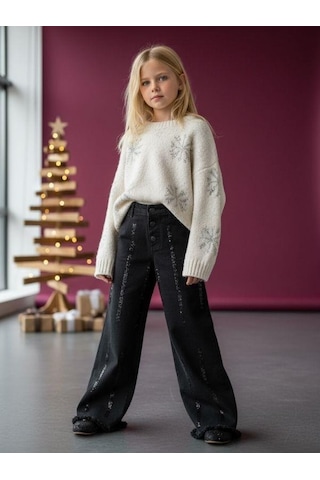 Zekids Kız Çocuk Yumuşak Dokulu Taş İşlemeli Geniş Paçalı Kot Pantolon-16478 Siyah