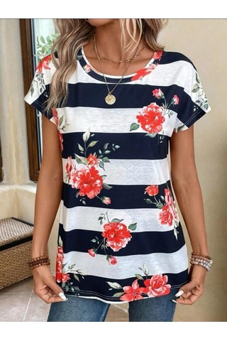 Kadın Çiçek Desenli Yatay Şeritli Bisiklet Yaka Tişört S