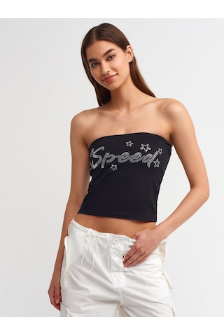 Dilvin Taş Baskılı Crop Top 101a20668 Siyah