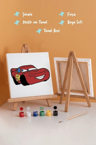 Sevimli Kırmızı Yarış Arabası Şövaleli Boya Seti 20x20