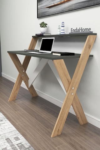 Enda Home X Ayaklı Raflı Ders Çalışma Masası 50x90 Cm Antrasit - Çam Atlantik Çam - Antrasit