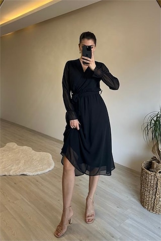 Neşeli Butik Kadın Midi Boy Kruvaze Yaka Kuşaklı Şifon Elbise Nm013 Siyah