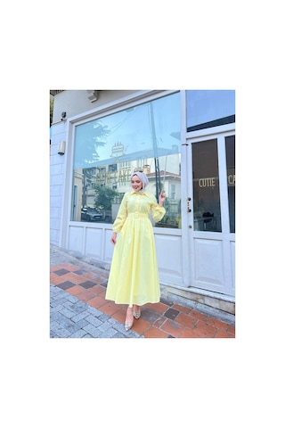 Riella Butik Gömlek Yakalı Tesettür Elbise-sarı
