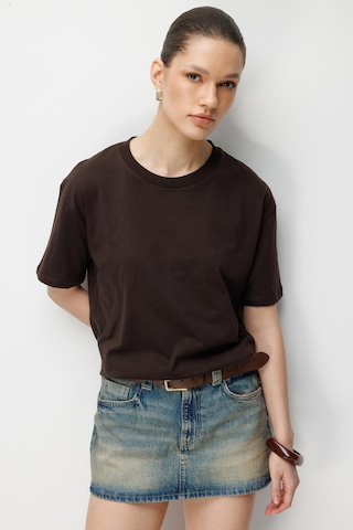 Mixray 4851 Kadın Oversize Fit Bisiklet Yaka Basic T-shirt Kahve Kahverengi