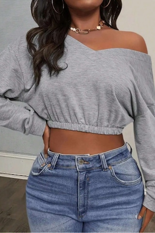 Tarz Cool Kadın Omuz Dekolteli Lastikli Crop Sweatshirt %100 Pamuk Gri