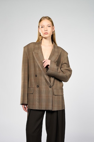 Kadın Kahverengi Ekoseli Oversize Blazer Kahverengi