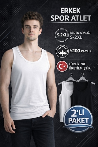 Mercan 2'li %100 Pamuk Spor Kesim Rambo Atlet - Siyah & Beyaz Çok Renkli