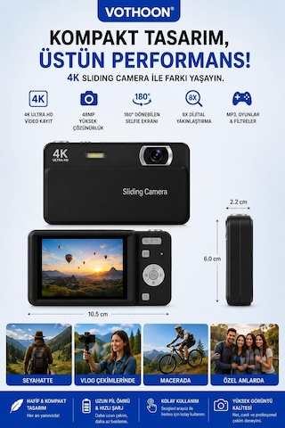 Dijital Kamera 4k Hd 48mp 8x Zoom Flaşlı Kayar Retro Video Kamera 2.4 Ekran 64gb Sd KartSiyah Najmaddin