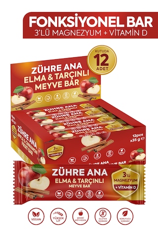 3'lü Magnezyum Ve Vitamin D İçeren Meyve Bar, Şeker İlavesiz Elma Ve Tarçınlı 35 Gr X 12 Adet