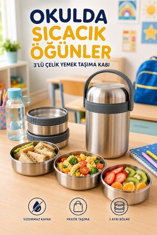 1.8 Litre 3'lü Paslanmaz Çelik Sızdırmaz Termos Yemek Taşıma Kabı / Sefer Tası Beslenme Kutusu Çelik Rengi